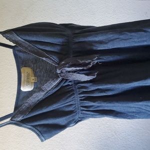 Navy Heather Blue Babydoll Spaghetti Strap Top Eyelets Embroidery Bow Medium